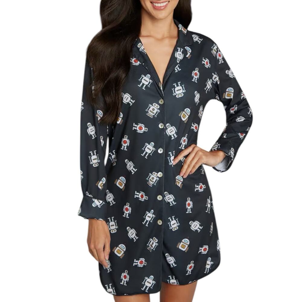 NWT ModCloth Easy Mornings Robot Print Long Sleeve Sleep Shirt Dress Size Small